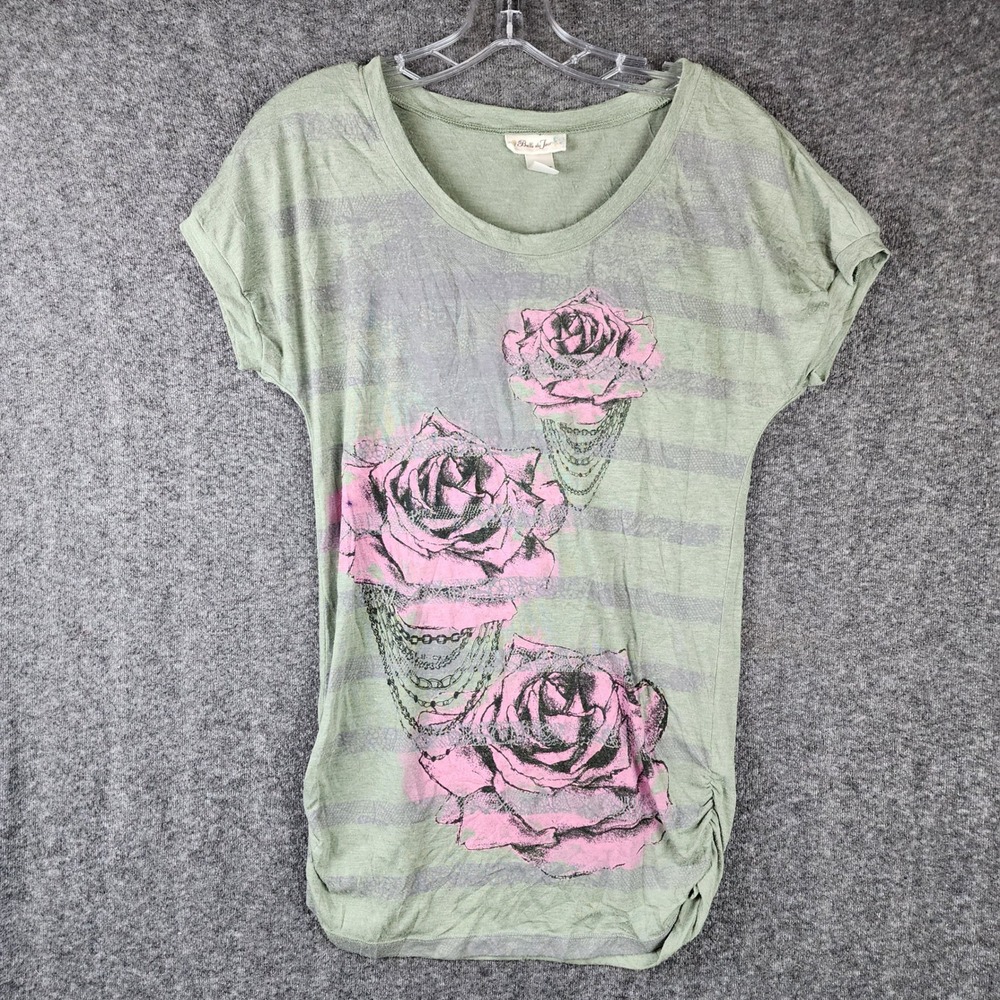 Belle du Jour T-Shirt Womens Medium Green Pink Rose Graphic Ruched Stripe EUC